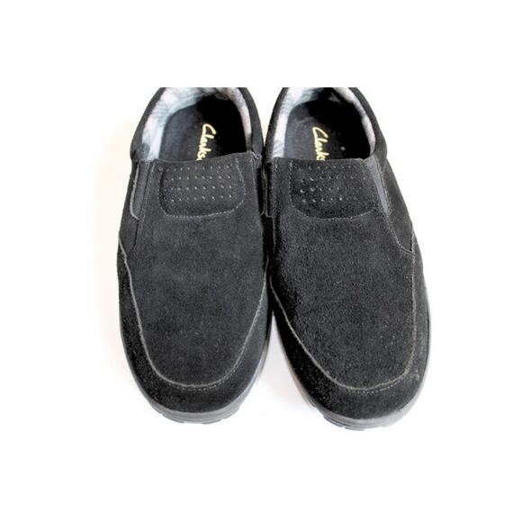 Clarks Comfort Shoe Loafer Womens 8 Black Suede Flannel Lined Hard Sole Slipper - Picture 2 of 6